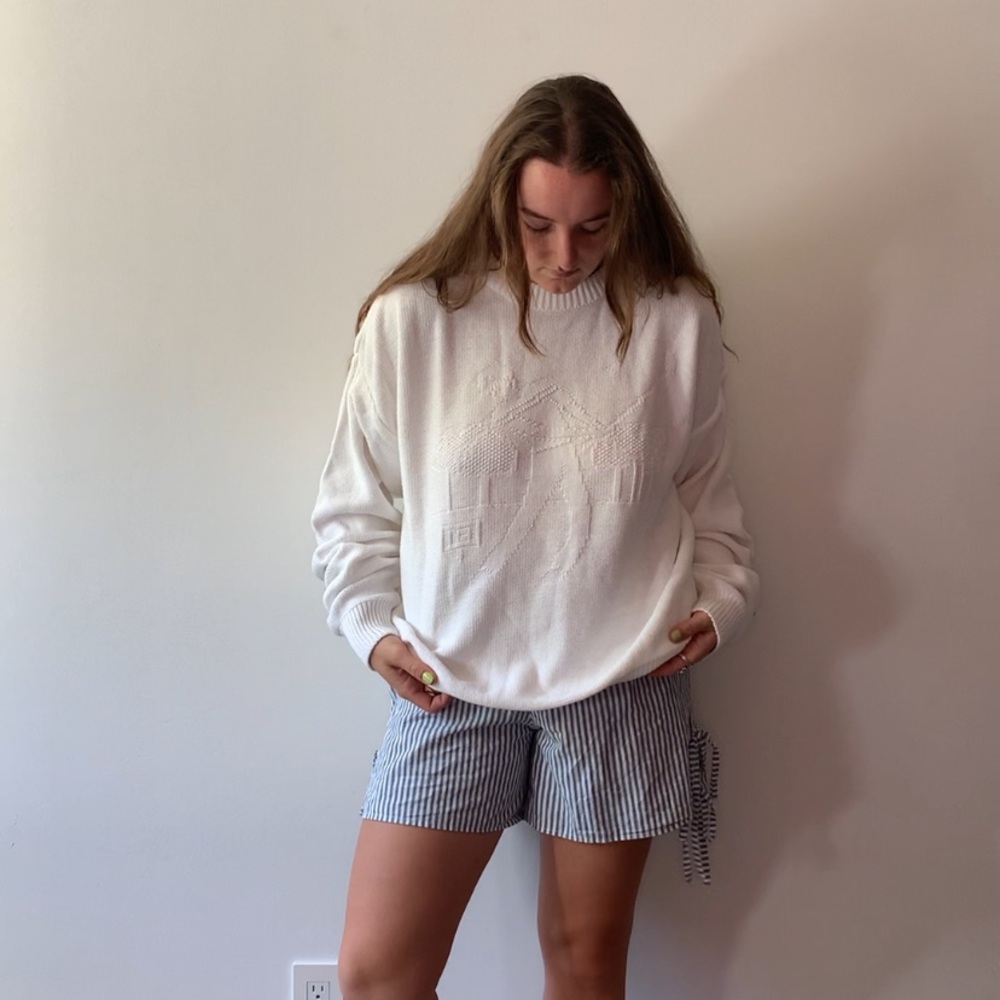 Vintage 90s Golf Printed White Knit Sweater